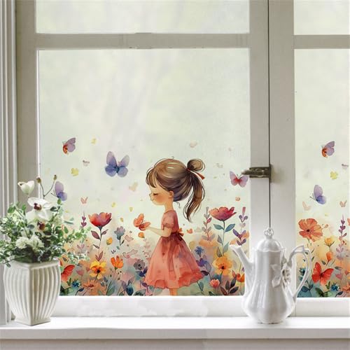Milchglasfolie Mädchen Schmetterling Orange Fensterfolie Blickdicht Fenster Sichtschutzfolie Selbstklebend Fenster Milchglasfolie Fenster Sichtschutzfolie Fenster Folie für Fenster 58x60cm/2 Pcs von LNXSESN