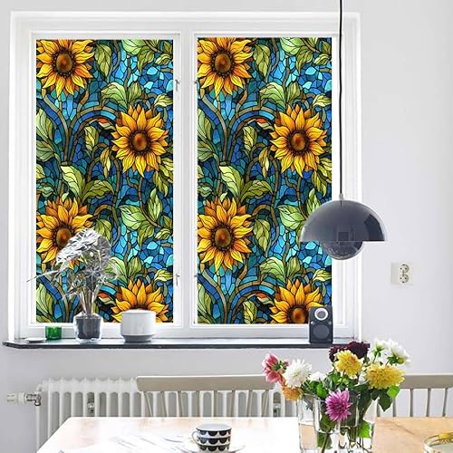 Milchglasfolie Sonnenblumen Blau Grün Fensterfolie Blickdicht Fenster Sichtschutzfolie Milchglasfolie Selbstklebend Fenster Milchglasfolie Fenster Sichtschutzfolie Fenster Bad45x100cm/4 Pcs von LNXSESN