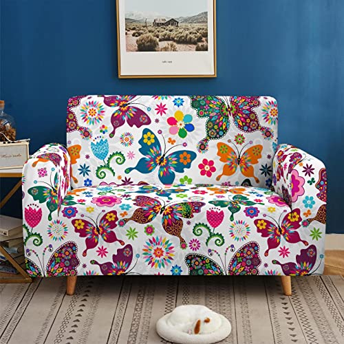 Sofa Überzug Bunter Schmetterling Sofabezug Stretch Elasthan Couch überzug Abnehmbare Waschbar Sofaschoner Anti Rutsch Couchbezug Moderne Sofa Cover Universal Sofahusse Sofabezug Ecksofa 2 Sitzer von LNXSESN