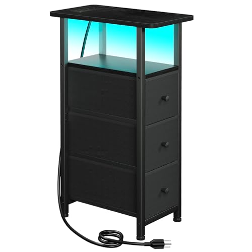 LOAKEKEL HETNDP03LBK-1 Schmaler Couchtisch mit Stoffschubladen, schmaler LED-Nachttisch für Schlafzimmer, kleine Räume, Sofa, Schwarz, HETNDP03LBK-1 von LOAKEKEL