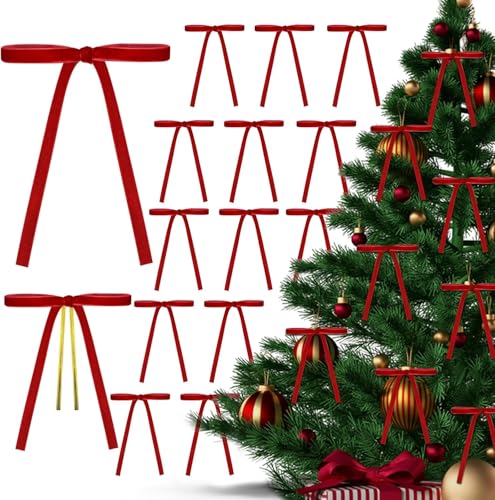LOAVER 24 Stück Samt-Weihnachtsbaumschleifen, 12,7 x 17,8 cm, vorgebundene Vintage-Band, Girlande, Ornamente, rustikale Geschenkschleifen für Weihnachtskränze, Basteln, Girlande, Heimdekoration (rot) von LOAVER