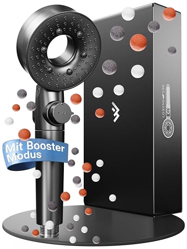LOBENSWERK Duschkopf mit Filter [3 Modi - inkl. Booster] Duschkopf wassersparend mit Mineralperlen | Handbrause, shower head, Duschbrause in Schwarz inkl. Werkzeug, Ersatzperlen & Edelstahlplatte von LOBENSWERK