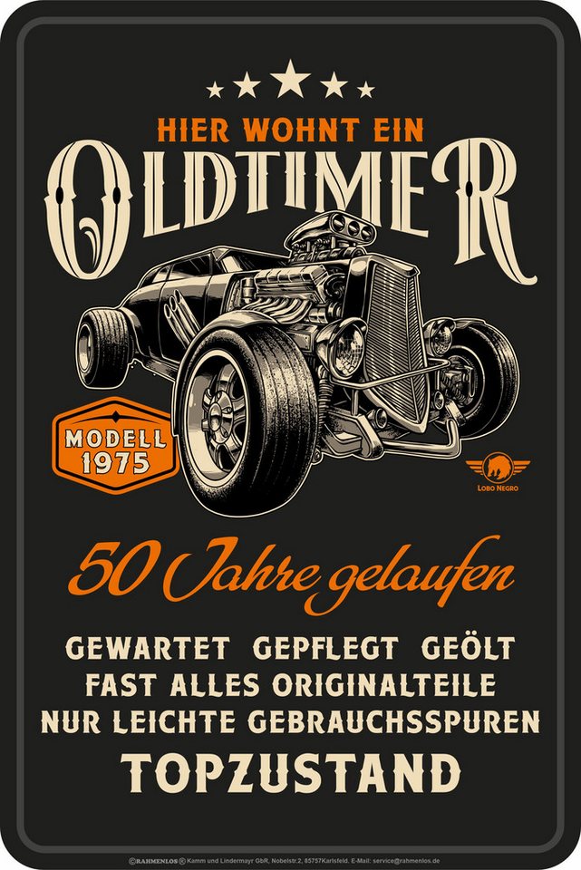 LOBO NEGRO® Metallschild zur Deko oder als Geschenk zum 50. Geburtstag: Oldtimer Jahrgang 1975 von LOBO NEGRO®