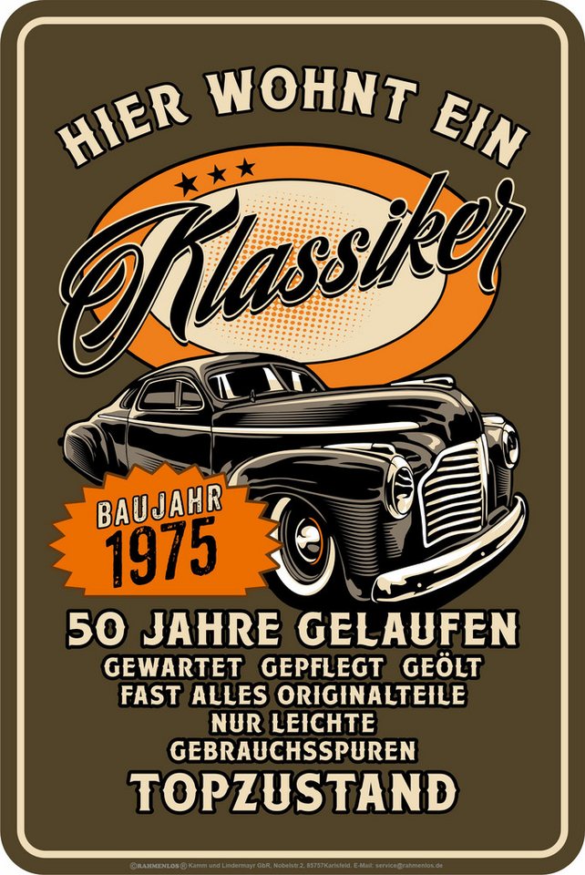 LOBO NEGRO® Metallschild als Geschenk oder Deko zum 50. Geburtstag: Oldtimer Jahrgang 1975 von LOBO NEGRO®