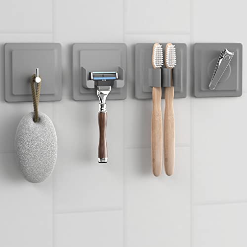 LOBUX® - 4in1 Badezimmer Halter Set selbstklebend [Soft-Touch Silikon], superfester Halt - Bad Organizer enthält: Rasierhalter, Zahnbürstenhalter, Haken, Neodym Magnet (hellgrau) von LOBUX