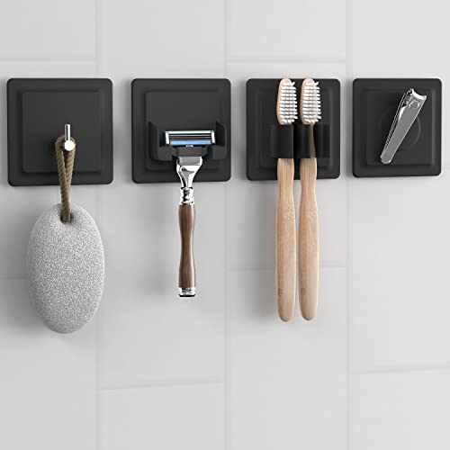 LOBUX® - 4in1 Badezimmer Halter Set selbstklebend [Soft-Touch Silikon], superfester Halt - Bad Organizer enthält: Rasierhalter, Zahnbürstenhalter, Haken, Neodym Magnet (schwarz) von LOBUX