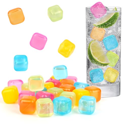 24 Stück Eiswürfel Wiederverwendbar in Tollen Farben - Ice Cube für Whisky, Wodka, Getränkesäfte, Limonade - Kunststoff Früchte Kugel Form Bunt von LOBVABA