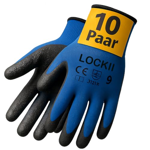 LOCKII Arbeitshandschuhe 10 Paar – Größen 8-11 (M-XXL) – Rutschfest & Atmungsaktiv – Robuste Schutzhandschuhe mit Latexbeschichtung für Bau, Garten, Werkstatt & Montage von LOCKII