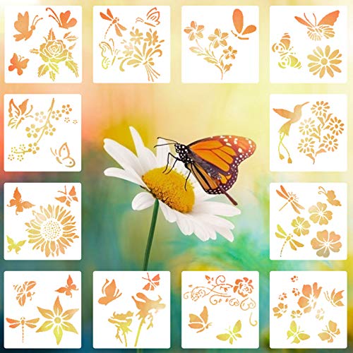 12 Stück Schmetterling Schablonen Frühling Themen Kunststoff Zeichnung Vorlagen Blumen Bienen Vorlagen Airbrush Vorlage DIY Wand & Möbel Dekoration Zeichnung Schablone, 15x15 cm von LOCOLO