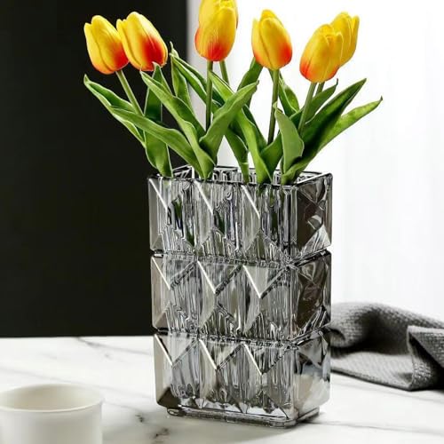 20cm Kristallglas Vase, Verdickte klare Glas Blumenvase, große große quadratische Vase Dekorative Vasen Blumen Moderne Bauernhaus Mittelstück, Home Room Dekor (Grau) von LODCZIOE