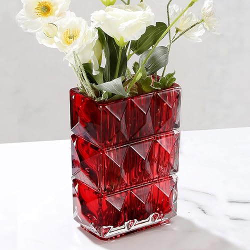 20cm Kristallglas Vase, Verdickte klare Glas Blumenvase, große große quadratische Vase Dekorative Vasen Blumen Moderne Bauernhaus Mittelstück, Home Room Dekor (Rot) von LODCZIOE