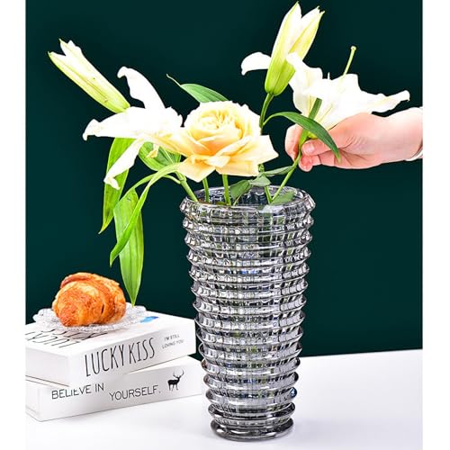 23cm Kristallglas Vase, Dicke klare Glas Blume Vase, große dekorative Vasen Blumenarrangement Hydroponic Ornament für Home Esstisch, Geschenk für Hochzeit, Housewarming Party (Zylindrisch-Grau) von LODCZIOE