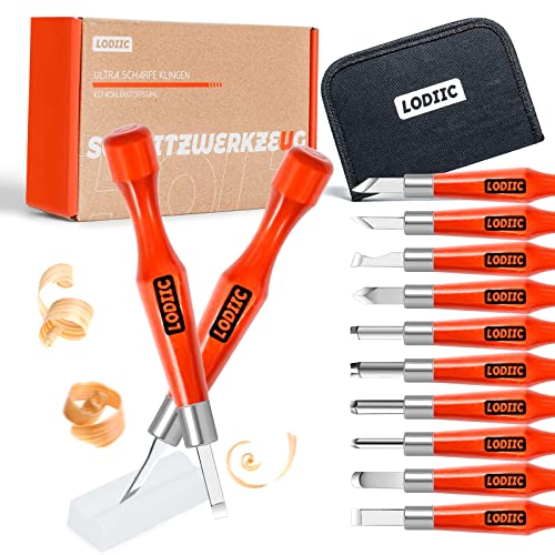 LODIIC Holzschnitzwerkzeug Set - 12 Hochwertige Schnitzmesser-Set aus SKS7 Kohlenstoffstahl mit ergonomischem Griff, inkl. Werkzeugtasche, Anleitung & Abziehstein von LODIIC