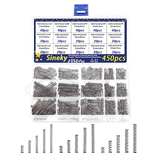 450-teiliges kleines Druckfeder-Sortiment-Set, 0,39–1,18 Zoll Länge, 0,16–0,2–0,24 Zoll Außendurchmesser, Stiftfedern aus Edelstahl 304, kleine Druckfedern für 3D-Drucker und Heimreparatur von LOEASE