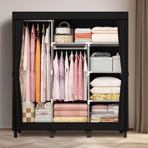 LOEFME Kleiderschrank, stoffschrank mit 2 stabilen Kleiderstangen, stoffkleiderschrank mit Regalen, offener Faltbarer Kleider Schrank, Aufbewahrung im Schlafzimmer, 172 x 130 x 45 cm(schwarz) von LOEFME