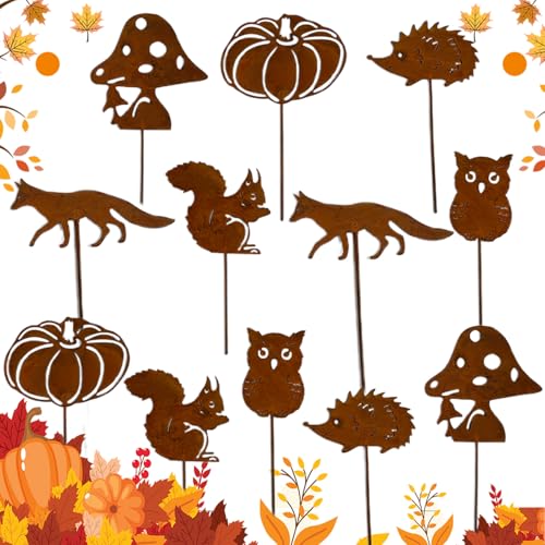 12 Stück Gartenstecker Rost Herbstdeko,Rost Gartenstecker für Herbstdeko Draußen Herbst Rost mit Igel Eule Pilz Roststecker Metall Beidseitig Eichhörnchen Fuch Kürbis für Blumentopf Terrasse,Erntedank von LOEPENLE