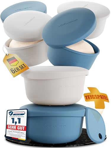 LOEWERK Pizzaballenbox mit Deckel, 6er Set - Teiglinge leicht entnehmen - platzsparende Silikon Teigbox - Pizzateig Box mit Deckel, Pizza Box, Pizza Ballenbox - Blau/Grau [inkl. Teigspatel] von LOEWERK