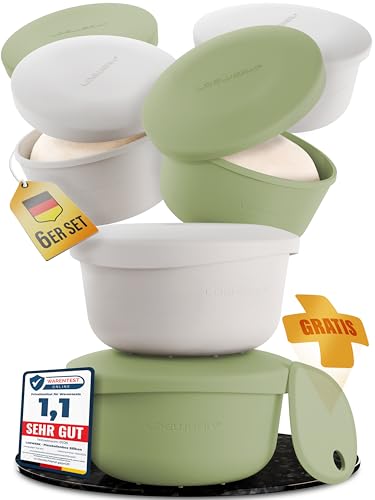 LOEWERK Pizzaballenbox mit Deckel, 6er Set - Teiglinge leicht entnehmen - platzsparende Silikon Teigbox - Pizzateig Box mit Deckel, Pizza Box, Pizza Ballenbox - Olive/Grau [inkl. Teigspatel] von LOEWERK