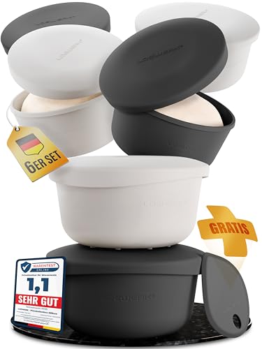 LOEWERK Pizzaballenbox mit Deckel, 6er Set - Teiglinge leicht entnehmen - platzsparende Silikon Teigbox - Pizzateig Box mit Deckel, Pizza Box, Pizza Ballenbox - Schwarz/Grau [inkl. Teigspatel] von LOEWERK