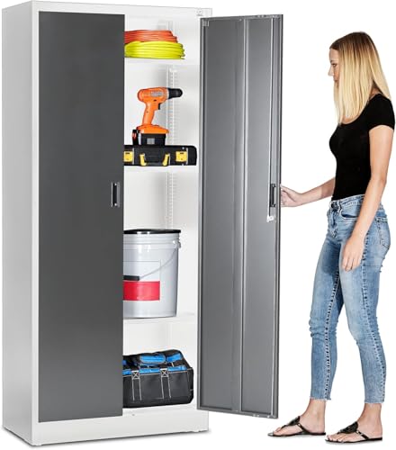 LOFERMA Werkzeugschrank Stahl 180 cm mit Schloss & höhenverstellbaren Böden - Stahlschrank für Garage, Werkstatt und Haushalt(Weiß) von LOFERMA