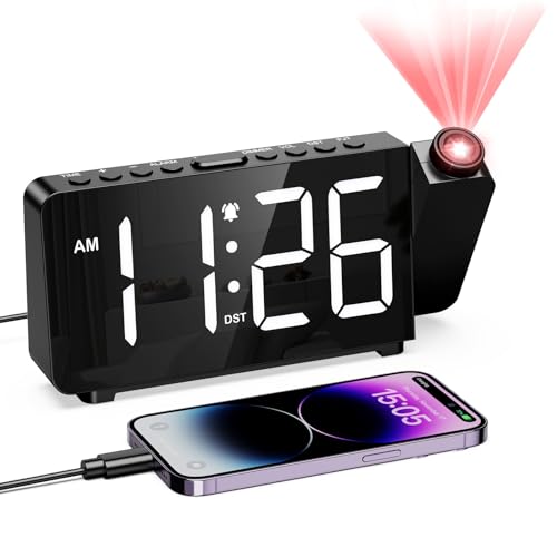 LOFICOPER Projektionswecker für Schlafzimmer, digitaler Wecker mit 180° drehbarem Projektor, 180 ° drehbar, große LED-Anzeige, Helligkeit und Lautstärke einstellbar, für von LOFICOPER