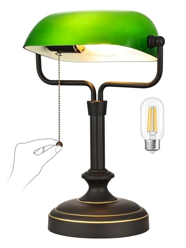 Klassische Bankerlampe, Grüner Glasschirm, Vintage-Schreibtischleuchte mit Zugkettenschalter, Schwarz-Gold Basis, LED 6W von LOFOB