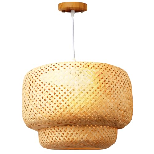 LOFOB Boho Handgefertigter mehrschichtiger natürlicher Weiden-Rattan-geflochtener Hängeleuchter für Kücheninsel, Esszimmer, Veranda (P1495-D42) von LOFOB