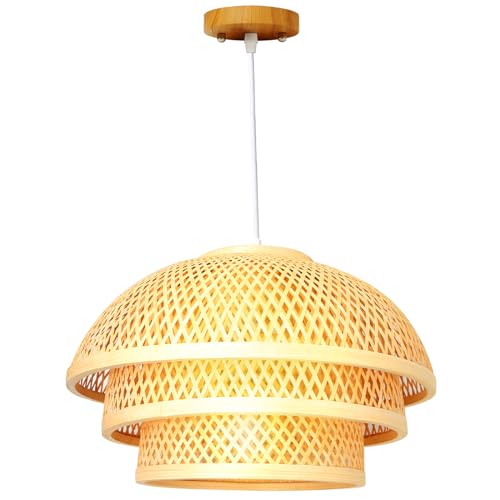 LOFOB Boho Handgefertigter mehrschichtiger natürlicher Weiden-Rattan-geflochtener Hängeleuchter für Kücheninsel, Esszimmer, Veranda (P50-D42) von LOFOB