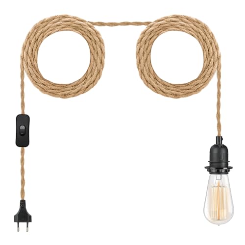 LOFOB Plug in Hanging Light Fixture, Industrial Twisted Hemp Rope, 14.8FT Pendant Lamp Lights Cord with On/Off Switch Cord E26 Bulbs Socket - Perfect for DIY Farmhouse Hallway, Stairway, Kitchen von LOFOB
