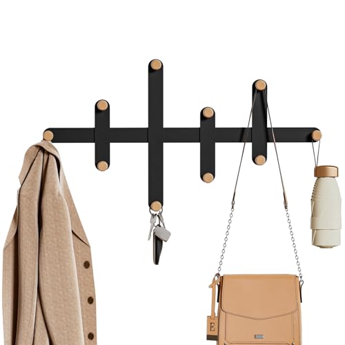 LOFTPLUS Wandgarderobe Garderobe Wand aus Metall - Schwarz Modernes Minimalistisches Design, Garderobenleiste mit 10 Haken aus Holz, Coat Rack Wall für Entryway Wohnzimmer Schlafzimmer Büro von LOFTPLUS