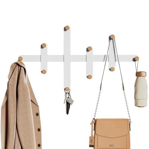 LOFTPLUS Wandgarderobe Garderobe Wand aus Metall - Weiß Modernes Minimalistisches Design, Garderobenleiste mit 10 Haken aus Holz, Coat Rack Wall für Entryway Wohnzimmer Schlafzimmer Büro von LOFTPLUS