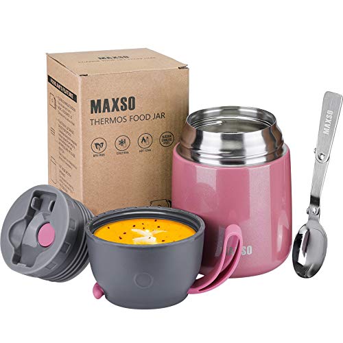 LOGEEYAR Thermobehälter für Essen Lunchbox 500ml, Speisegefäß Edelstahl Speisebehälter Babybrei Isolierbehälter mit Faltbare Löffel, Thermo Gefäß BPA-Frei Behälter Box Suppe Obst Neuestes (Rosa) von LOGEEYAR