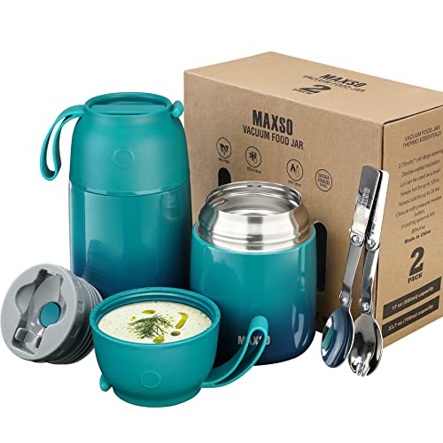 Thermobehälter für Essen 500ml & 700ml Edelstahl Warmhaltebebehälter mit faltbaren Löffel, Speißen, Babynahrung, Suppe, Brei, Joghurt, Thermo Speisgefäß Unterwegs, 2 Isolierbehälter im Set, Bluegreen von LOGEEYAR