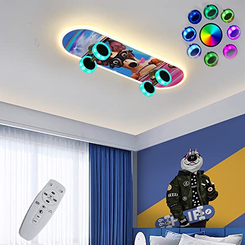 LOGT 32W Skateboard Deckenlampe Kinderzimmer, LED Dimmbar mit Fernbedienung, RGB Farbwechsel, Kinder Deckenleuchte für Junge/Mädchen Schlafzimmer Deko, 3000K-6500K, Geschenk für Skateboarder, 60 CM,A von LOGT