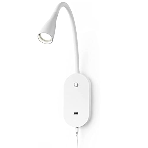 5W Leselampe Wandmontage LED Wandleuchte Mit Touch Schalter Bettleuchten Dimmbar Schwanenhals Lampe, Wand Leseleuchte Mit USB-Ladeanschluss 5V /1A 3000K Warmweiß, Weiß 5W Leselampe Wandmontage LED Wandleuchte Mit Touch Schalter Bettleuchten Dimmbar Schwanenhals Lampe, Wand Leseleuchte Mit USB-Ladeanschluss 5V /1A 3000K Warmweiß, Weiß von LOGT