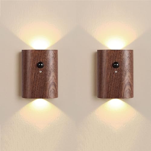 Holz Akku Wandleuchte mit Bewegungsmelder Innen LED Kabellose Wandlampe USB Aufladbar Wand Nachtlicht Up Down Sensor Wandbeleuchtung 3000K Warmeslicht Magnetische Flurlampe Treppenlampe,2 Stück,B von LOGT