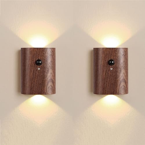 Holz Akku Wandleuchte mit Bewegungsmelder Innen LED Kabellose Wandlampe USB Aufladbar Wand Nachtlicht Up Down Sensor Wandbeleuchtung 3000K Warmeslicht Magnetische Flurlampe Treppenlampe,2 Stück,B von LOGT