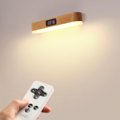 LED Wandleuchte Holz Innen, Wandlampe Dimmbar USB Aufladbare mit Fernbedienung Touch Control, Akku Kabellos Nachttischlampe ohne Stromanschluss mit Uhren und Timing Magnetische Nachtlicht Leselampe,B von LOGT