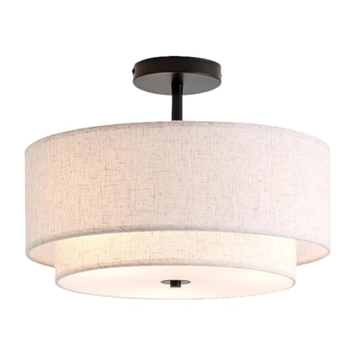 LOGT 12inch Modern Deckenleuchte mit Weiß Stoffschirm Innen Deckenleuchte Semi Flush Mount Rund Deckenbeleuchtung 3×E27 Hängende Deckenleuchten Ringe Deckenlampen für Schlafzimmer Esszimmer von LOGT