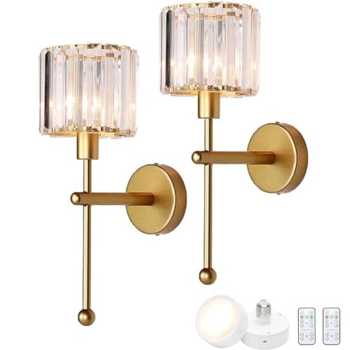 LOGT 2 Stück Gold Kristall Wandleuchte Akku Retro Wandlampe Dimmbar Fernbedienung Ohne Stromanschluss Wandleuchten lnnen Glas USB Aufladung Nachttischlampe Vintage Batteriebetrieben Leselampe Wand von LOGT
