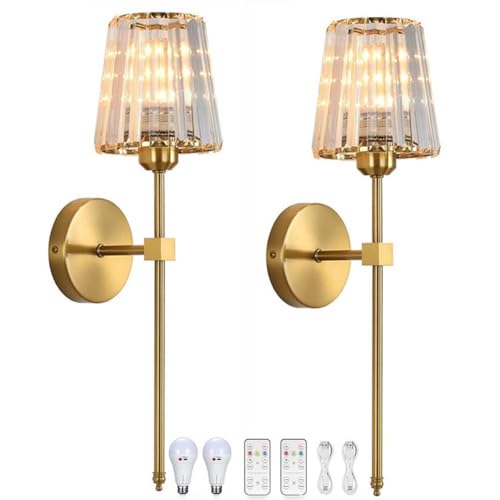 LOGT 2 Stück Kristall Wandleuchte Akku Kabellose Wandlampe Dimmbar Fernbedienung Ohne Stromanschluss Wandbeleuchtung Gold Glas USB Aufladung Nachttischlampe Wand Retro Batteriebetrieben,Gold von LOGT