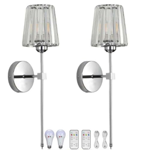 LOGT 2 Stück Kristall Wandleuchte Akku Kabellose Wandlampe Dimmbar Fernbedienung Ohne Stromanschluss Wandbeleuchtung Gold Glas USB Aufladung Nachttischlampe Wand Retro Batteriebetrieben,Silber von LOGT