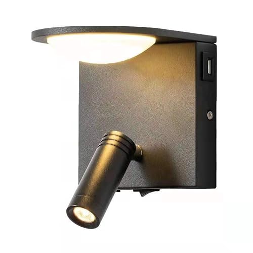 LOGT 5W LED Wandleuchte Innen Moderne 350° Drehbar Wandlampe mit Schalter und USB Schnittstelle Nachttischlampe 3W Up Down 90° Verstellbar Wandspot Leseleuchte Warmweiß 3000k,Schwarz von LOGT