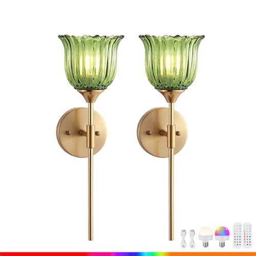 LOGT Akku Wandlampe Kabellos Glas Blume Wandleuchte Fernbedienung Dimmbar Batterie Wandleuchten Innen Kristall Retro Nachttischlampe Ohne Stromanschluss Wall Sconce RGB 2pcs USB Aufladbare,Grün von LOGT