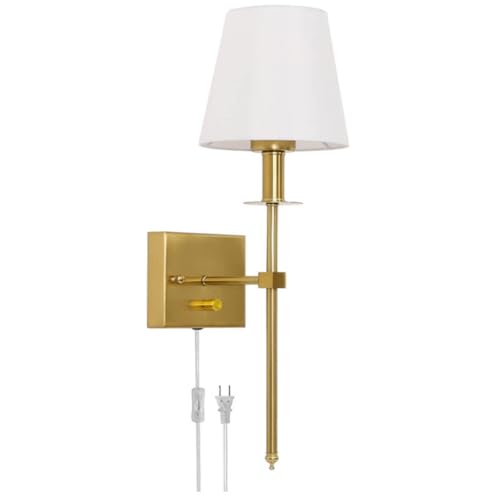 LOGT Dimmbar Wandleuchte mit Stecker Innen Vintage Wandlampe mit Schalter Gold E27 Industrial Wand Nachttischlampe mit Kabel Weißem Stoffschirm Wandbeleuchtung für Wohnzimmer Schlafzimmer Treppe Flur von LOGT