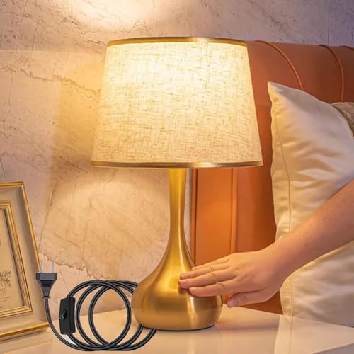 LOGT Dimmbare Tischlampe 3000K/4500K/6000K Touch Control Tischleuchte mit Stecker Kabel Nachttischlampe mit Schalter Stoffschirm Schreibtischlampe Gold Metall Nachtlampe Retro E27 Für Wohnzimmer von LOGT
