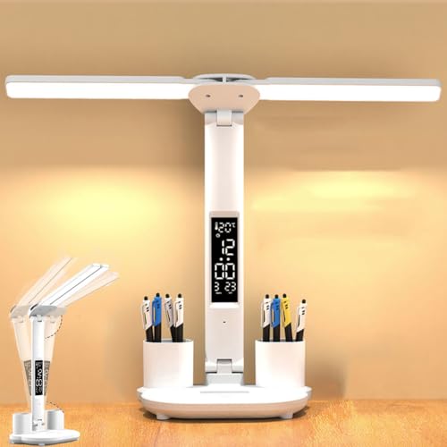LOGT Dual Swing Arm LED Schreibtischlampe mit USB-Anschluss Uhr Tischlampe 3 Farbtemperaturstufen Dimmbare Schreibtischlicht Touch Control Leselampe mit Stifthalter Nachtlicht für Kinder Büro von LOGT