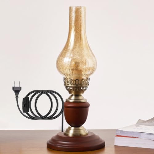 LOGT Holz Tischlampe Vintage Industriell Glas Petroleumlampe Retro Tischleuchten mit Kabelschalter E27 Fassung Nostalgie Kerosin Lampe Antike Traditionelle Dekorative Öllampe mit Riss Glas von LOGT