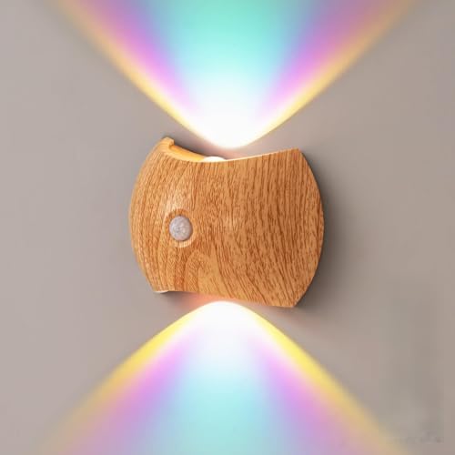 LOGT Holz Wandleuchte Bewegungsmelder Akku Kabellose Wandlampe Ohne Stromanschluss RGB LED Wandbeleuchtung Innen Magnetische Nachtlicht Wand Up und Down Beleuchtung Wand Sensorlampe Aufladung,A von LOGT