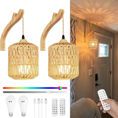 LOGT Holz Wandleuchte Boho Innen Akku Wandlampe RGB Dimmable Fernbedienung Kabellos Wandbeleuchtung Ohne Stromanschluss 2 Stück Boholampe Rattan Bambus Wandleuchten Vintage Dekoration Nachttischlampe von LOGT